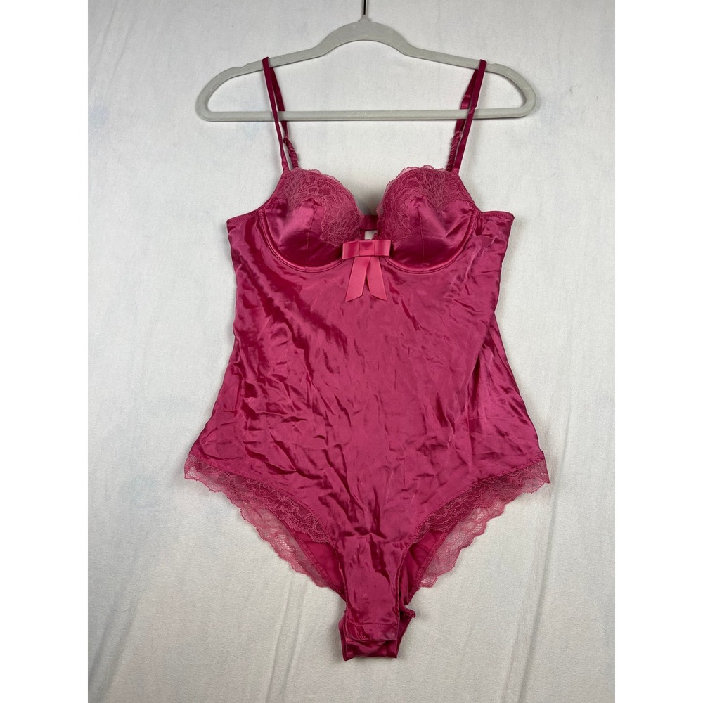 Victorias Secret Very Sexy Satin Lace Bodysuit Magenta Pink 36B Underwire Bow